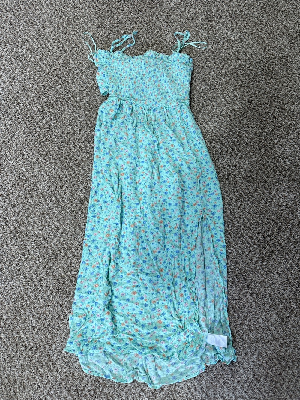 Aqua Floral Maxi Dress with Smocked Bodice